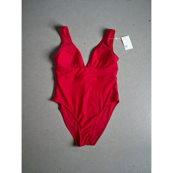 QUINCE Red Italian Plunge One Piece Swimsuit Bathing Suit Size Large NEW NWT - Picture 3 of 10